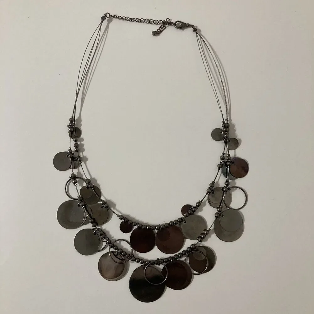 Wire Disc Round Circle Ringlet Chrome Bead Statement Bib Necklace Adjustable